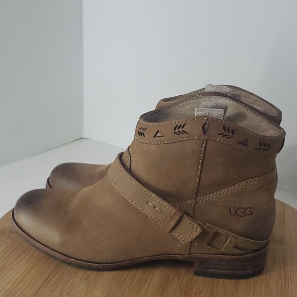 Ugg Australia Brown Leather Gold Hardware Harness Ankle Short Boots Women's 6 - Picture 5 of 13